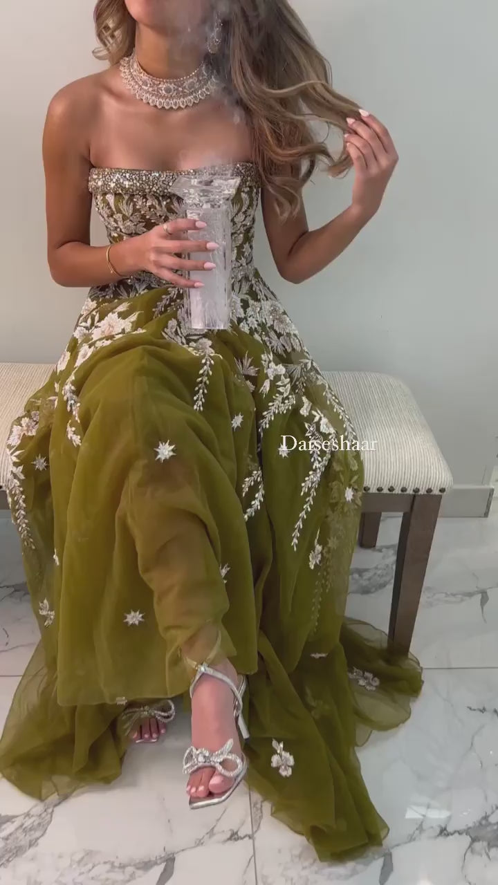 Dreamy Vow Olive Green Luxury Dubai Evening Dresses for Women Wedding Party Elegant Arabic Strapless Formal Prom Gowns SS380