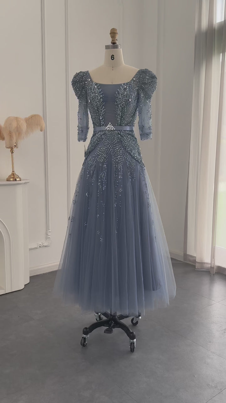 Dreamy Vow Elegant Blue Midi Evening Dress 2023 Luxury Dubai Muslim Ankle Length Arabic Short Wedding Formal Party Gowns SS240