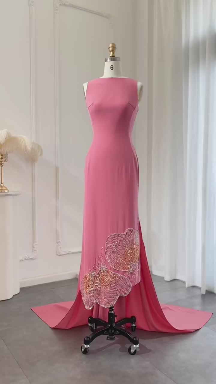 Dreamy Vow Elegant Coral Pink Scalloped Arabic Evening Dress 2024 Luxury Dubai Butterfly Beaded Women Wedding Party Gowns SS471