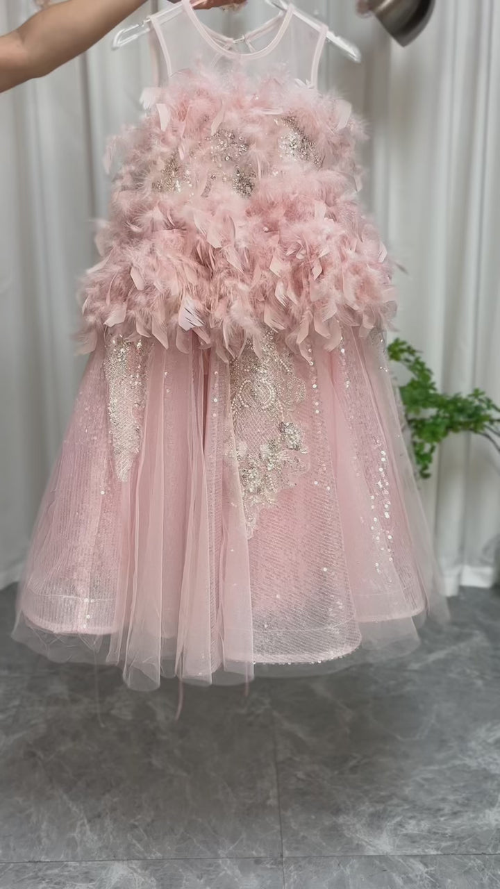 DreamyVow Luxury Shiny Pink Flower Girl Dresses Feather Beading Sequined Gowns J008