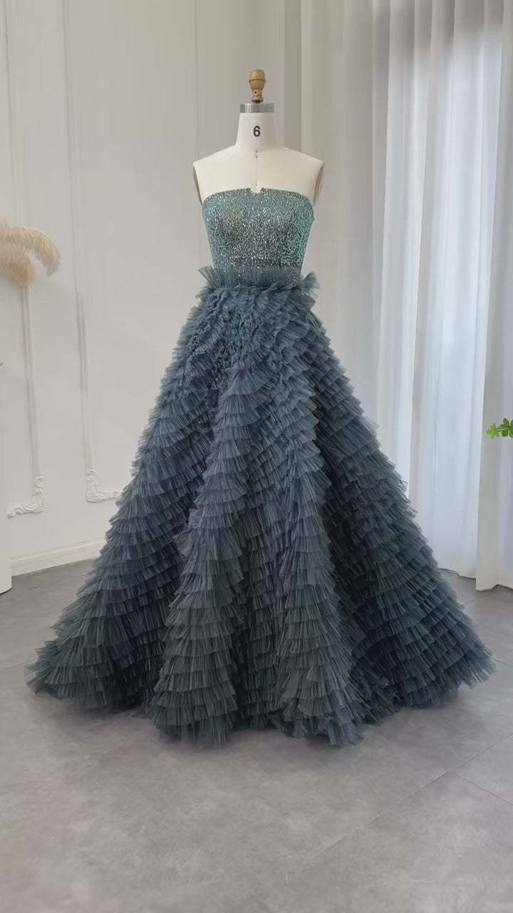 Luxury Beaded Blue Ball Gown Evening Dress Elegant Strapless Ruffles SS503