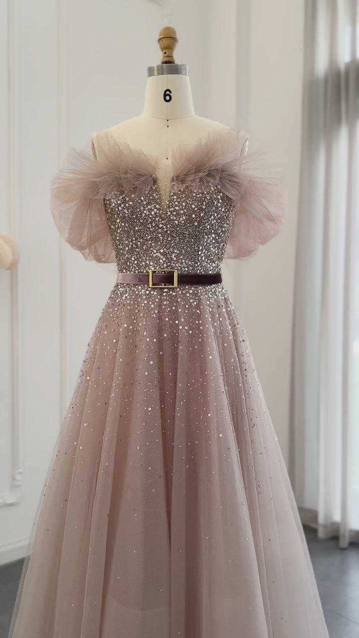 Dreamy Vow Bling Pink Luxury Dubai Evening Dresses with Belt Elegant Off Shoulder Blue Arabic Women Wedding Party Gowns SS375
