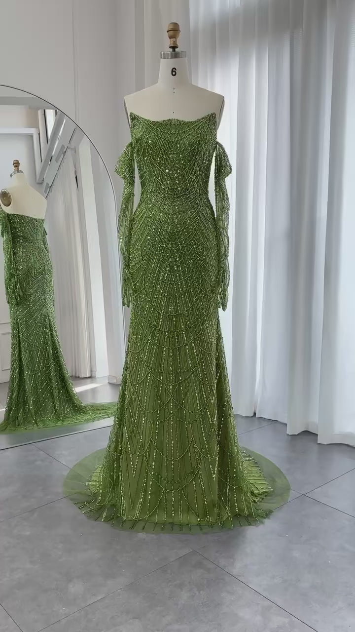 Luxury Dubai Mermaid Green Evening Dresses with Gloves SS306