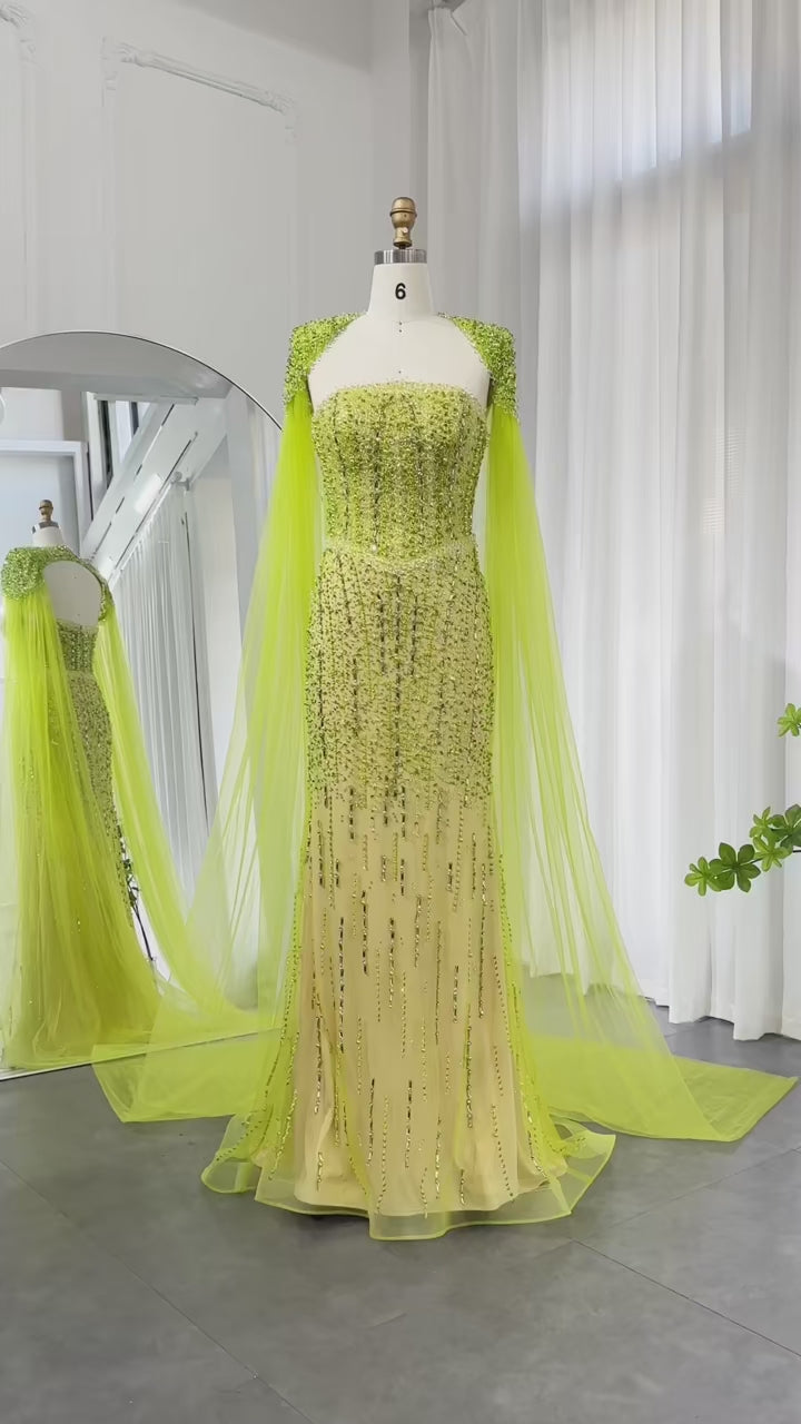 Luxury Beaded Mermaid Lime Green Evening Dress with Cape Sleeves SS443