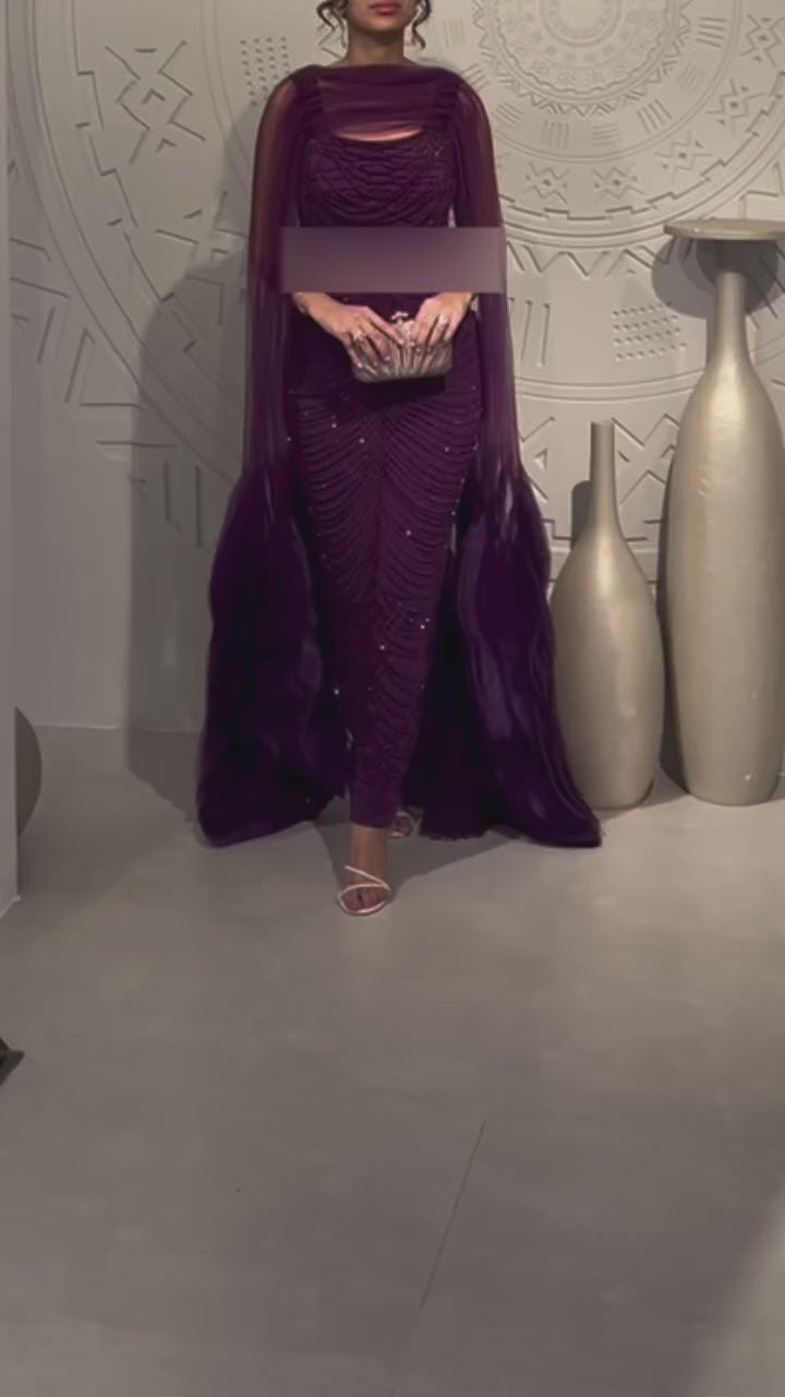 Luxury Beading Purple Evening Dress with Cape Sleeves SS280