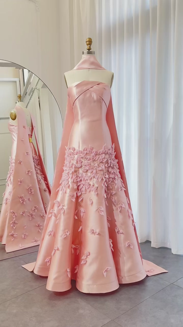 Luxury 3D Leaves Blush Pink Satin Evening Dress with Cape SS463