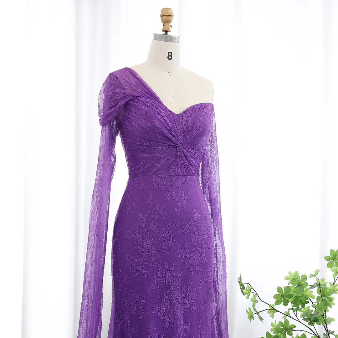 Dreamy Vow Purple Lace Mermaid Evening Dress with Cape Sleeves SF055