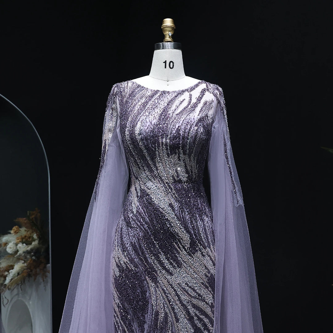 Dubai Elegant Purple Luxury Arabic Evening Dress with Cape Sleeves SS051