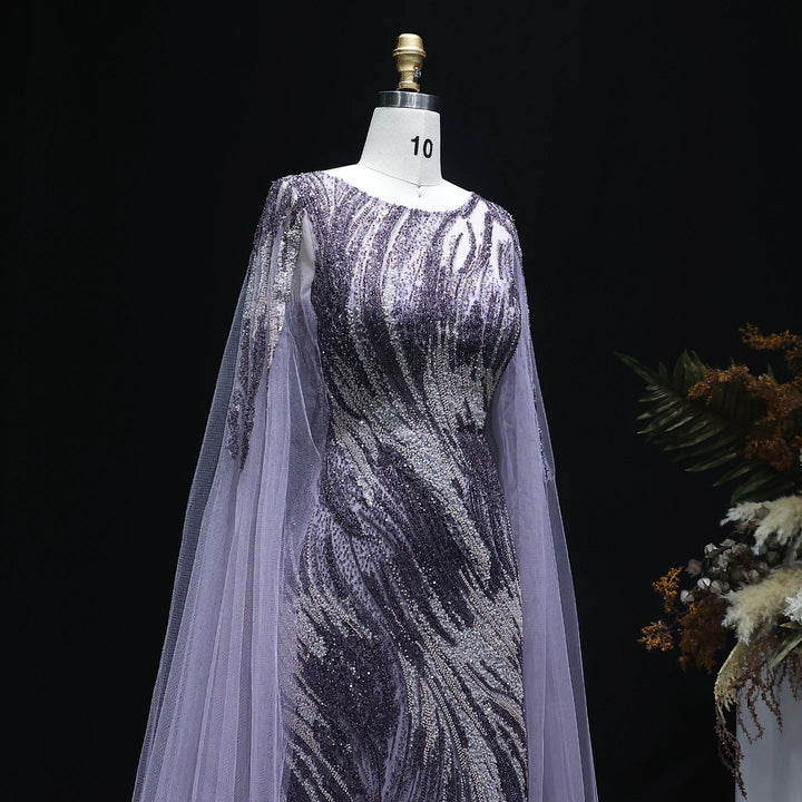 Dubai Elegant Purple Luxury Arabic Evening Dress with Cape Sleeves SS051