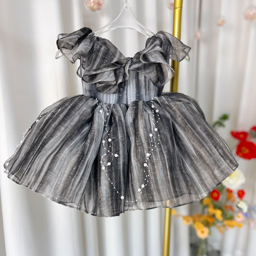 DreamyVow Black Baby Puffy Sleeve Pearls Knee Length Birthday Girl Dress J024