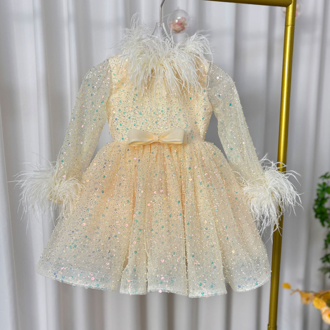 DreamyVow Luxury Gold Girl Dress Feathers Sequined Dubai Kids Wedding J320