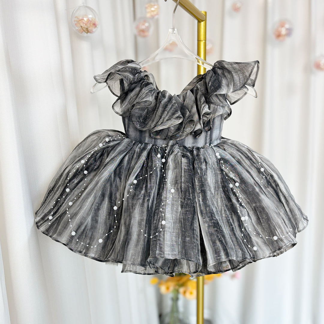 DreamyVow Black Baby Puffy Sleeve Pearls Knee Length Birthday Girl Dress J024