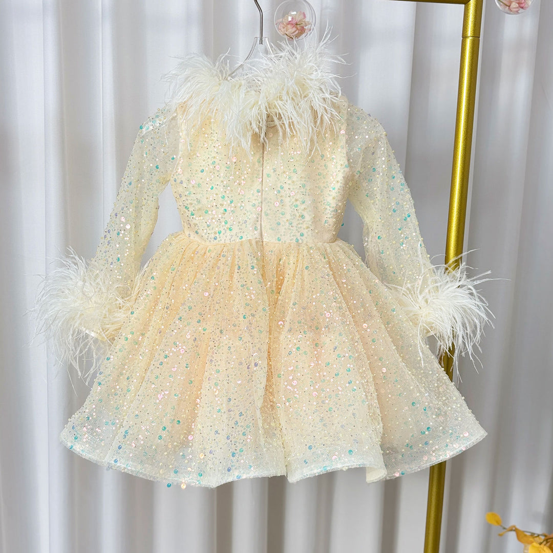 DreamyVow Luxury Gold Girl Dress Feathers Sequined Dubai Kids Wedding J320