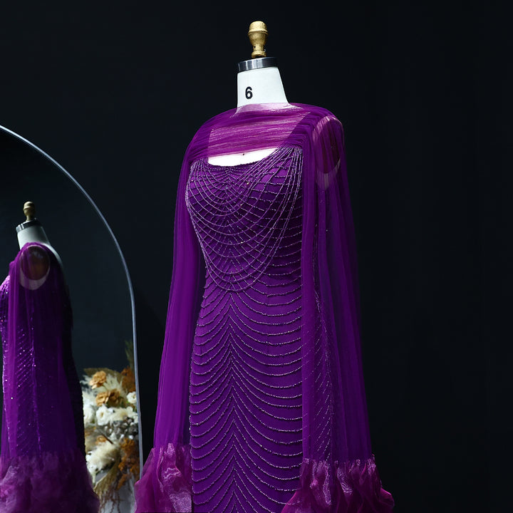 Luxury Beading Purple Evening Dress with Cape Sleeves SS280