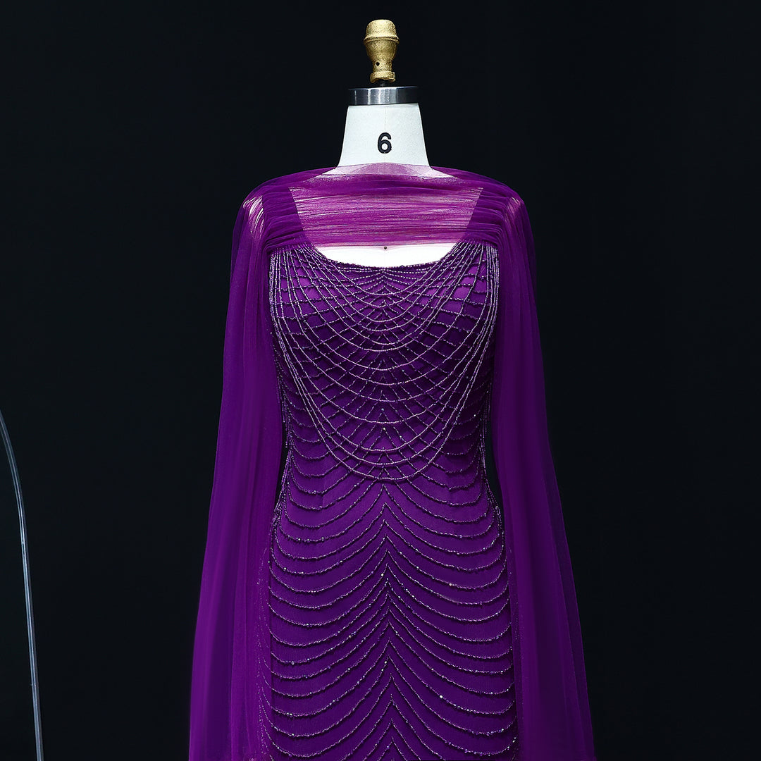 Luxury Beading Purple Evening Dress with Cape Sleeves SS280