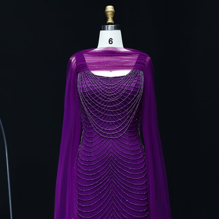 Luxury Beading Purple Evening Dress with Cape Sleeves SS280