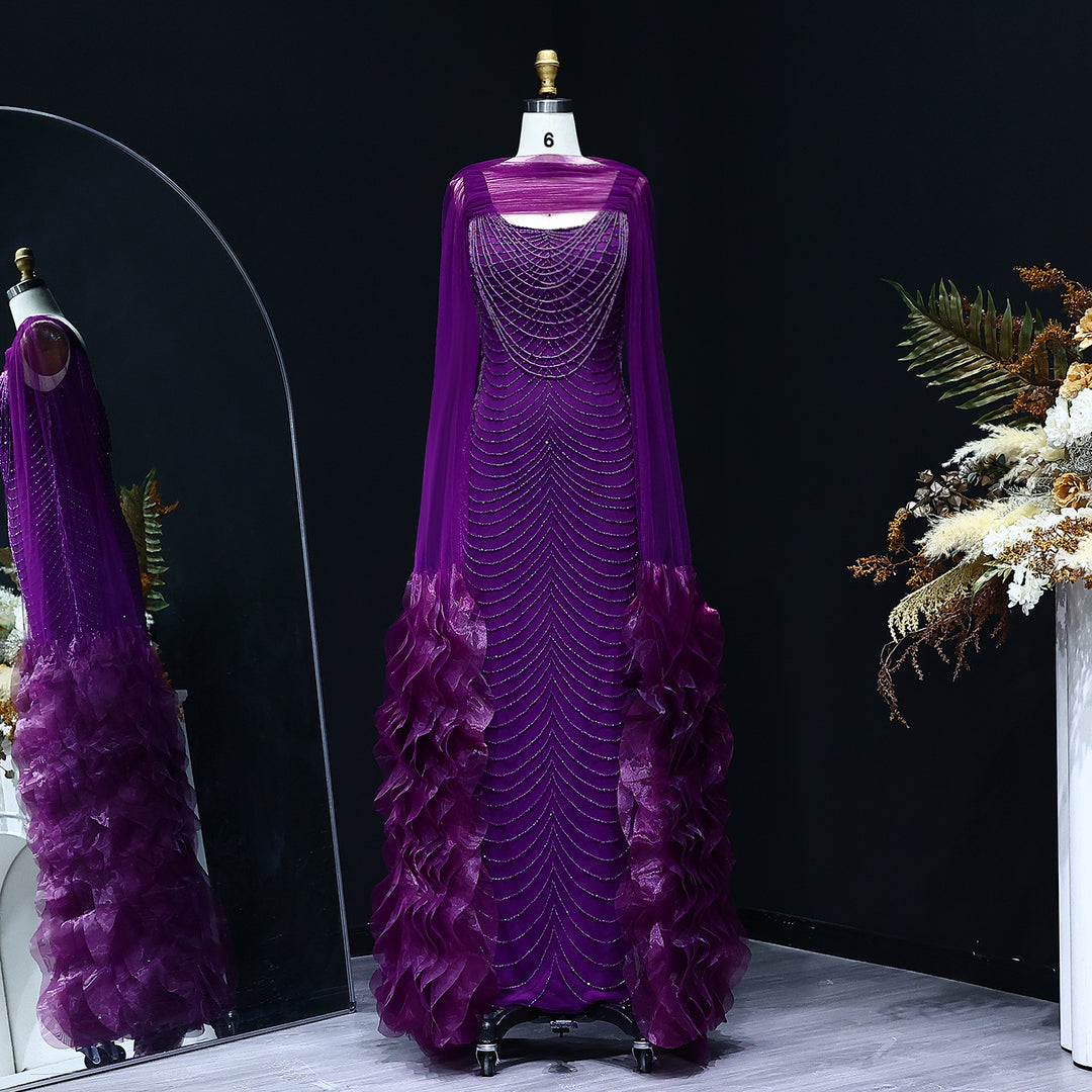 Luxury Beading Purple Evening Dress with Cape Sleeves SS280