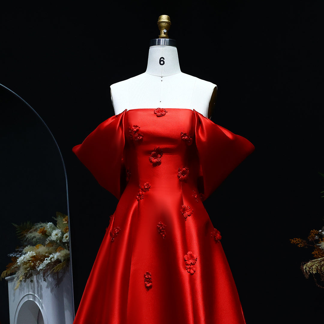 Elegant 3D Flowers Off Shoulder Red Evening Dress SF273