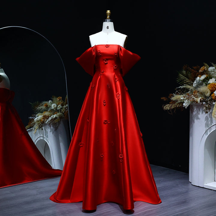 Elegant 3D Flowers Off Shoulder Red Evening Dress SF273