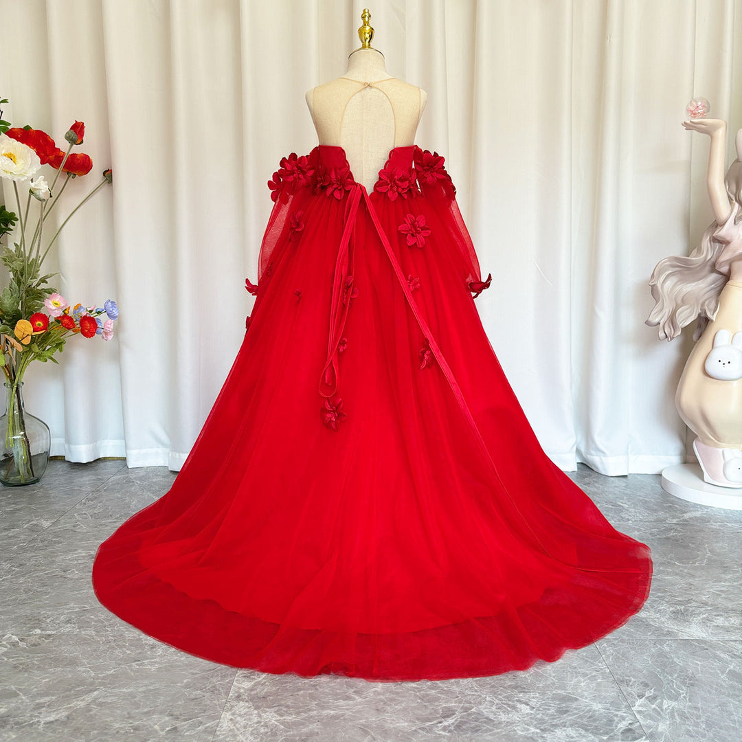 DreamyVow Elegant 3D Flowers Red Girl Dress Long Sleeve Princess Gown J274