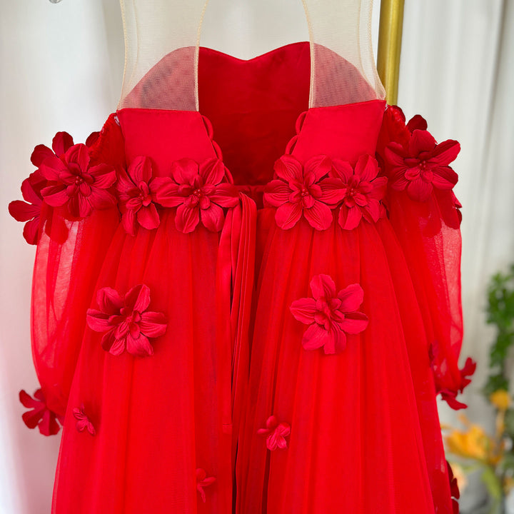 DreamyVow Elegant 3D Flowers Red Girl Dress Long Sleeve Princess Gown J274