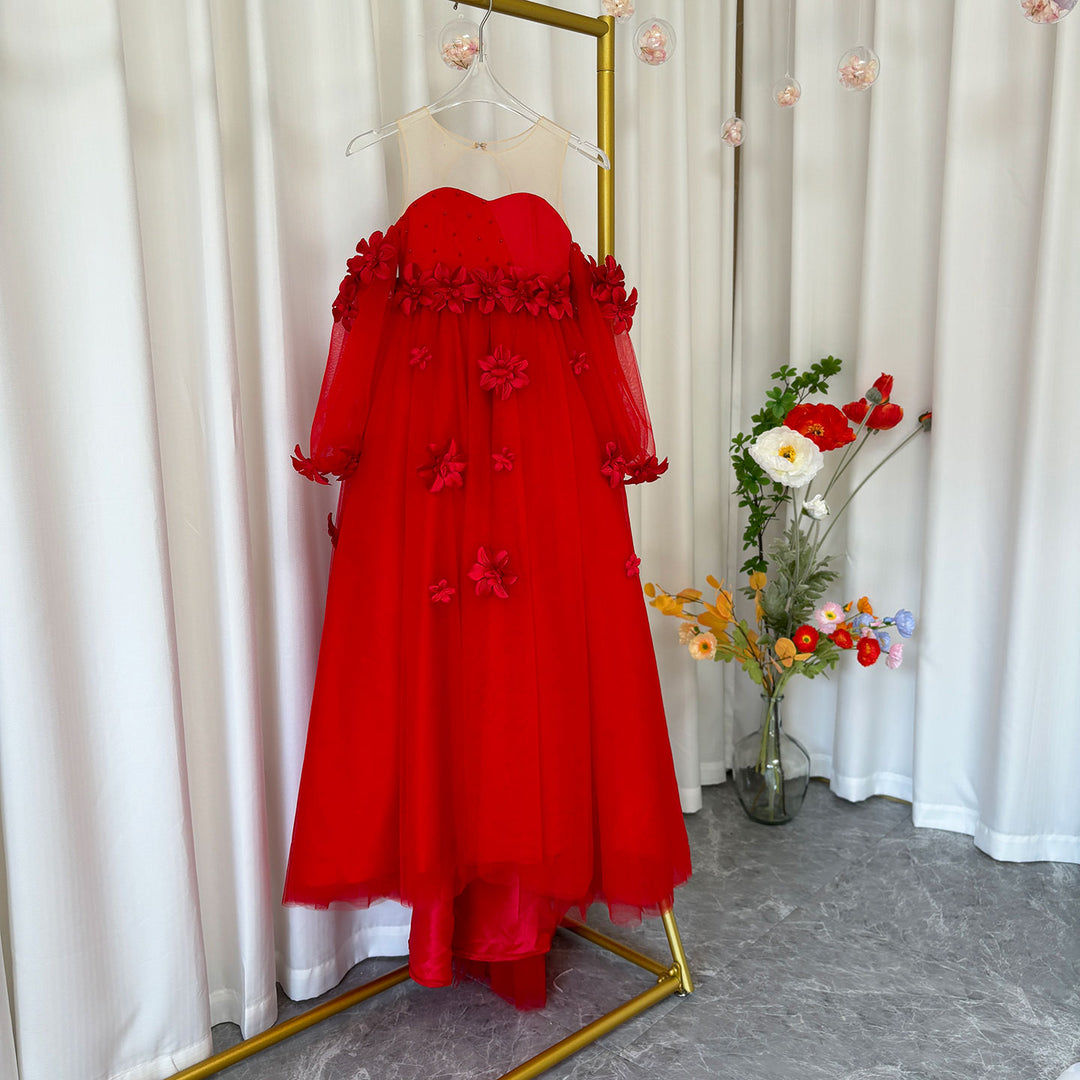 DreamyVow Elegant 3D Flowers Red Girl Dress Long Sleeve Princess Gown J274