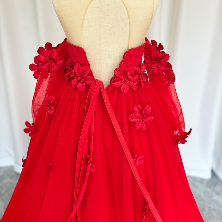 DreamyVow Elegant 3D Flowers Red Girl Dress Long Sleeve Princess Gown J274