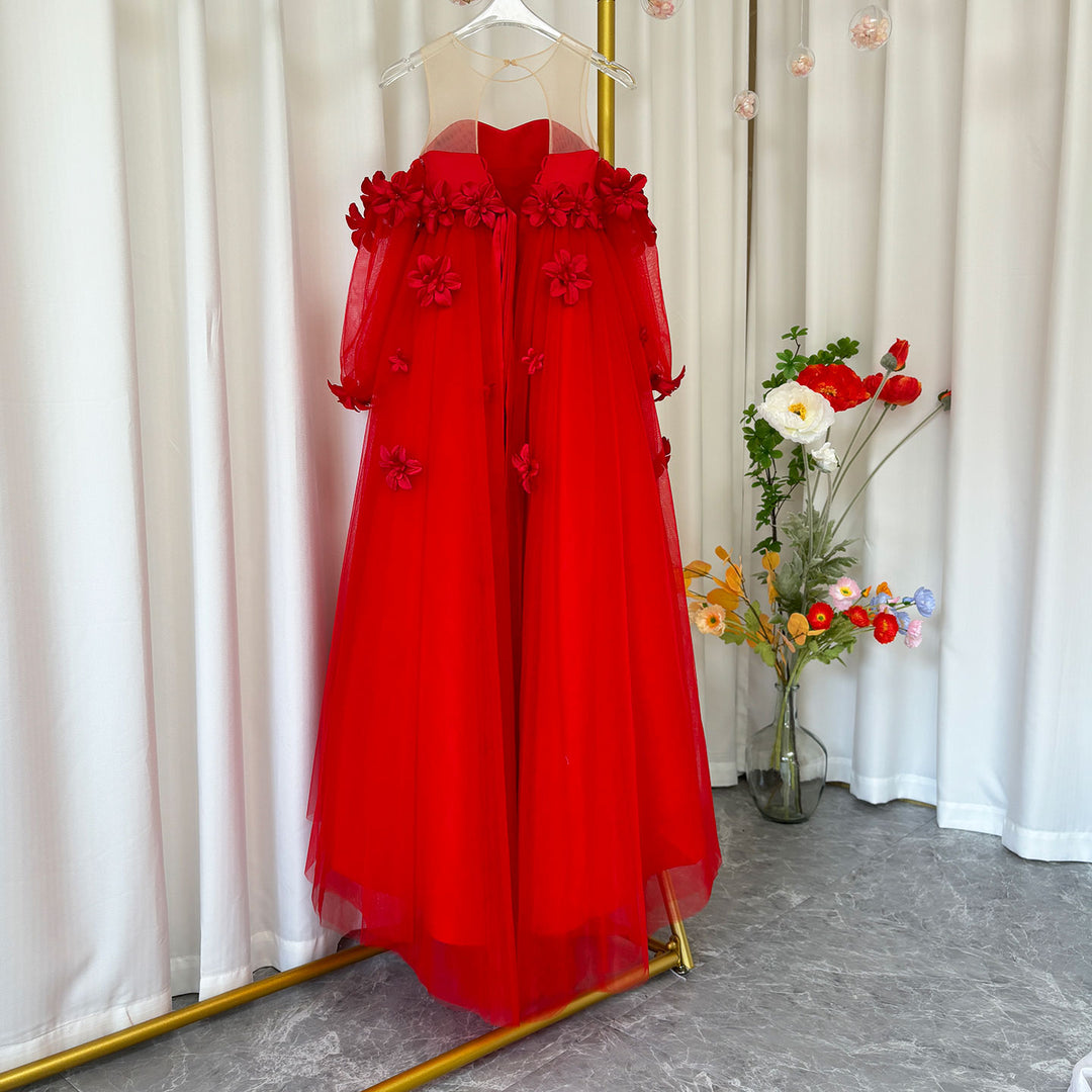 DreamyVow Elegant 3D Flowers Red Girl Dress Long Sleeve Princess Gown J274