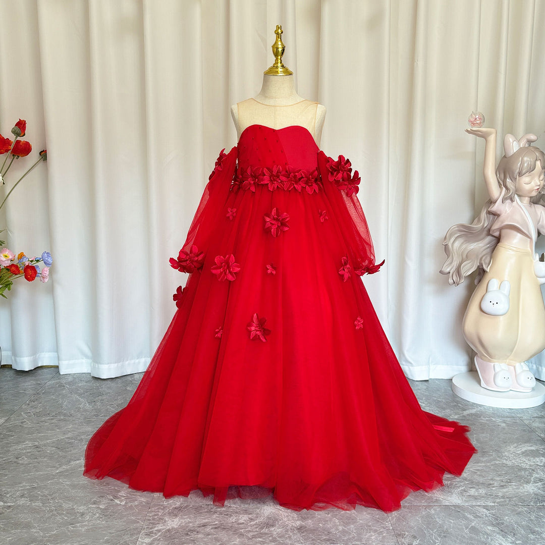 DreamyVow Elegant 3D Flowers Red Girl Dress Long Sleeve Princess Gown J274