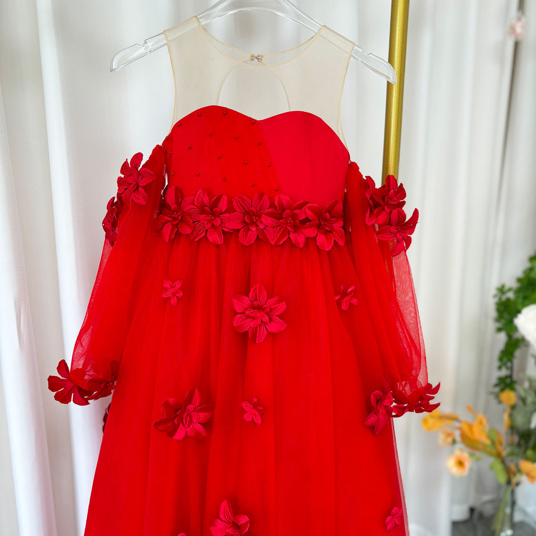 DreamyVow Elegant 3D Flowers Red Girl Dress Long Sleeve Princess Gown J274