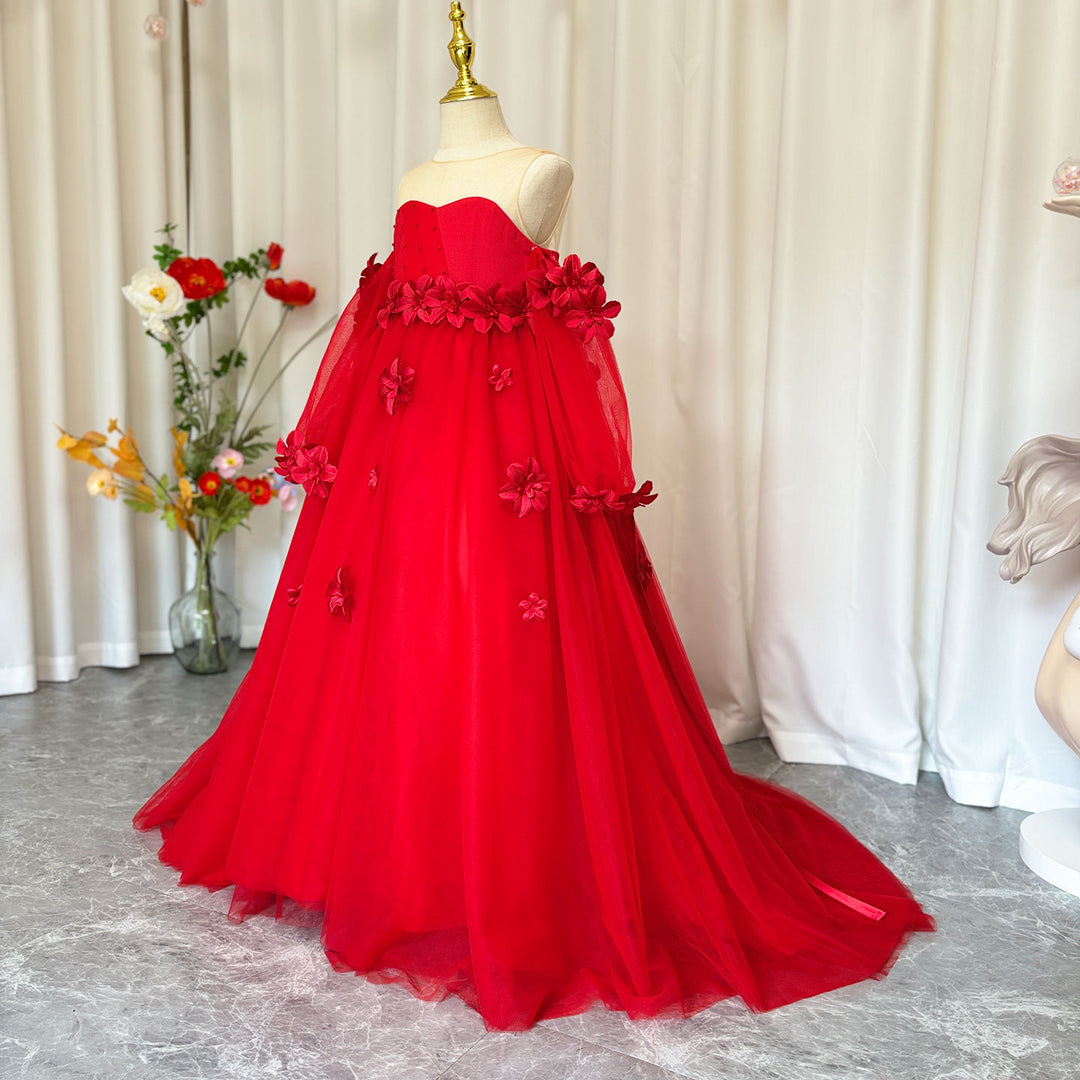 DreamyVow Elegant 3D Flowers Red Girl Dress Long Sleeve Princess Gown J274