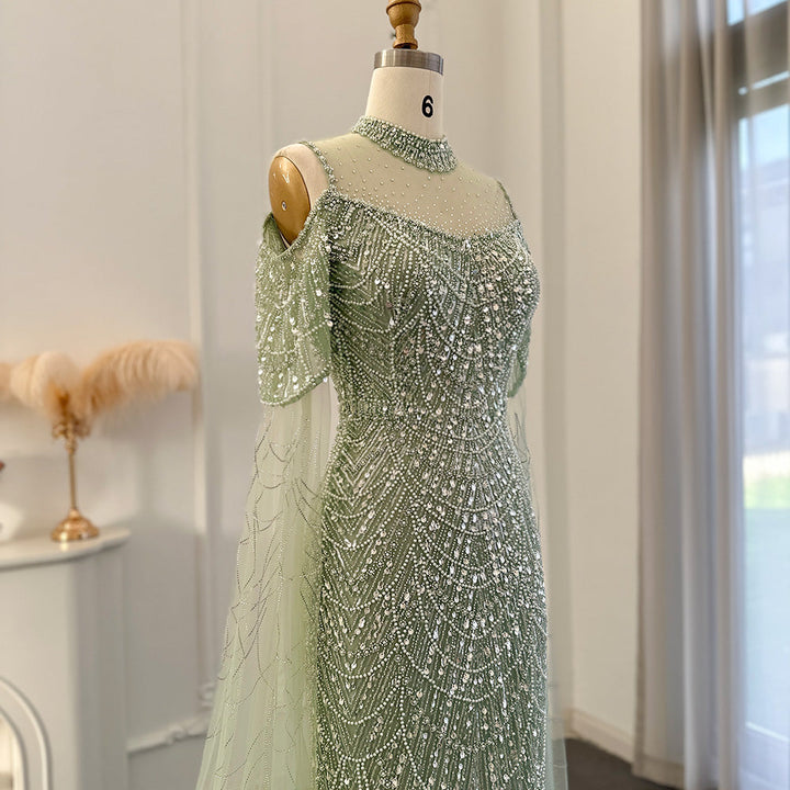 Dreamy Vow Sage Green Mermaid Luxury Dubai Evening Dress with Cape Sleeves SS205