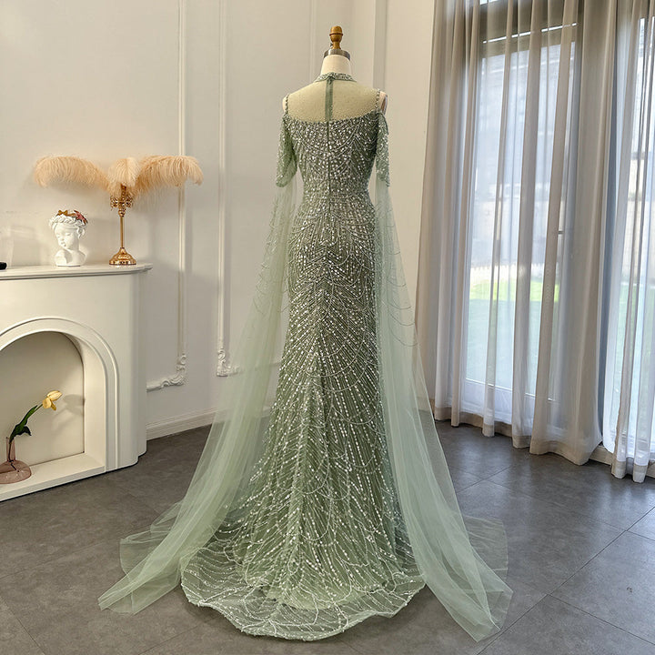 Sage Green Mermaid Luxury Evening Dress with Cape Sleeves SS205