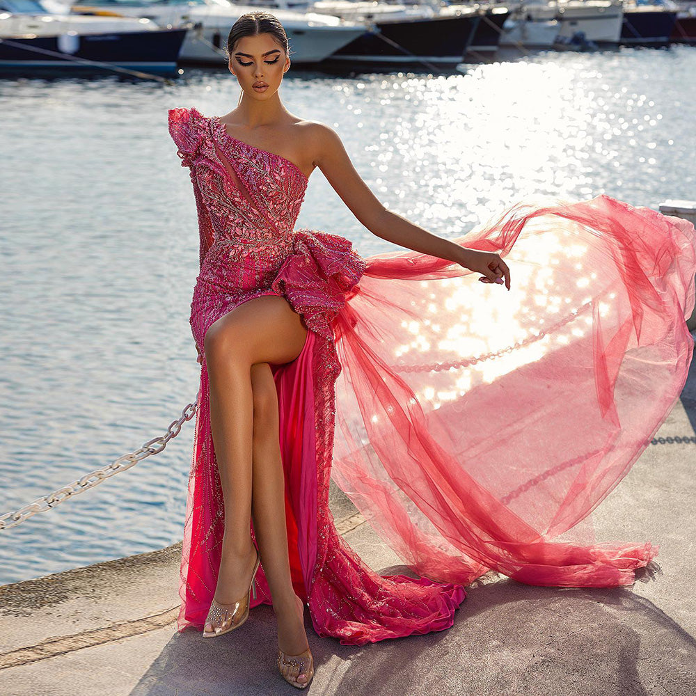 Dreamy Vow Fuchsia One Shoulder Luxury Dubai Evening Dresses 2023 Arabic Side Slit Mermaid Prom Formal Dress for Wedding 360