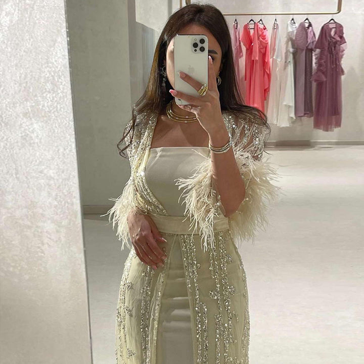 Dreamy Vow Light Yellow Luxury Dubai Feathers Evening Dresses for Women Wedding Party Arabic Purple Formal Prom Gowns 430