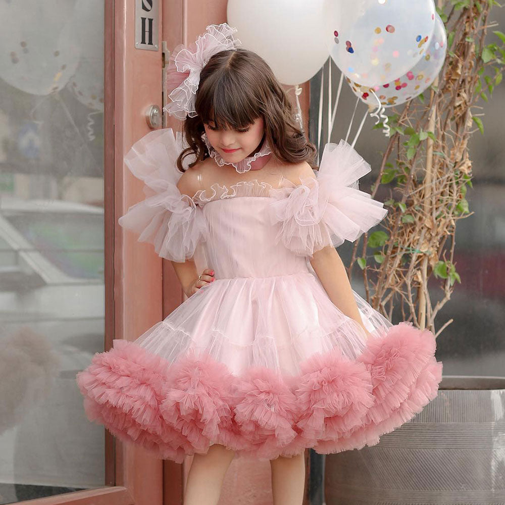 DreamyVow Pink Girl Dress Puff Sleeve for Princess Kids Wedding Birthday Party J066