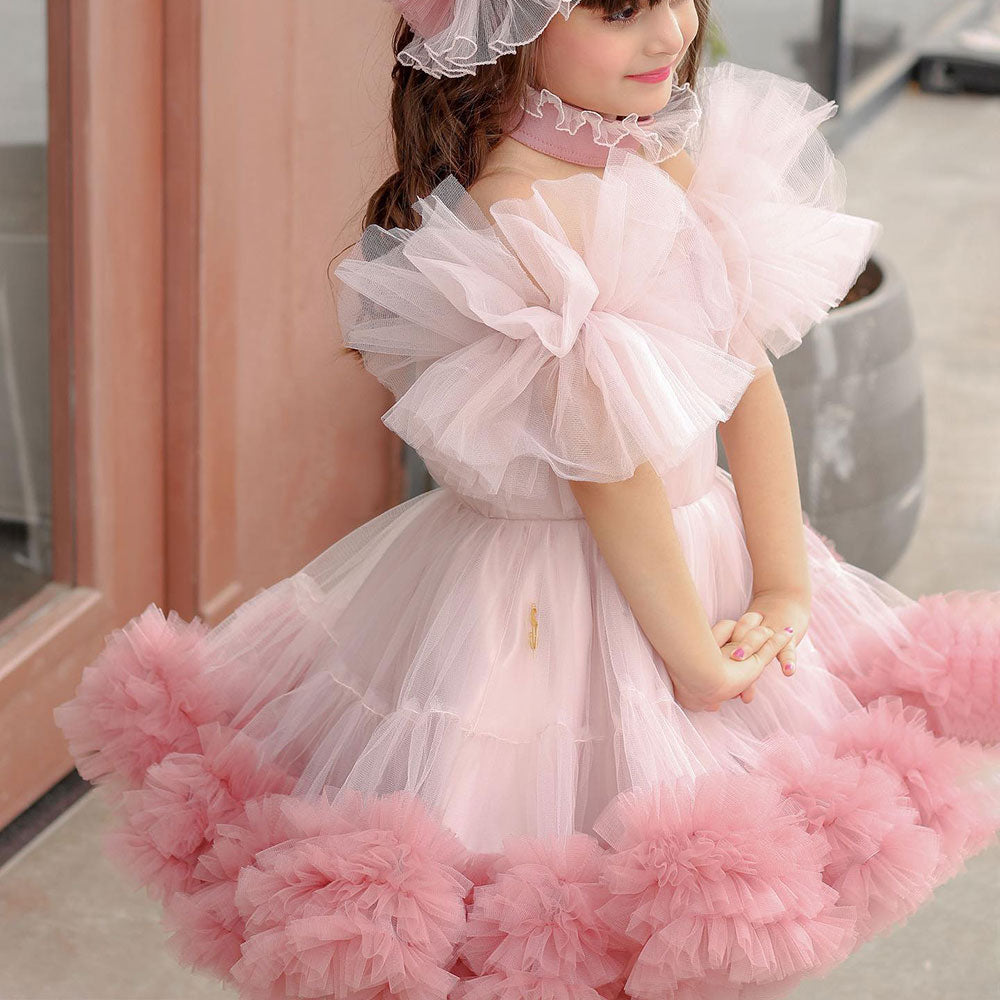 DreamyVow Pink Girl Dress Puff Sleeve for Princess Kids Wedding Birthday Party J066