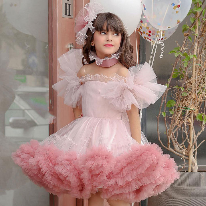 DreamyVow Pink Girl Dress Puff Sleeve for Princess Kids Wedding Birthday Party J066