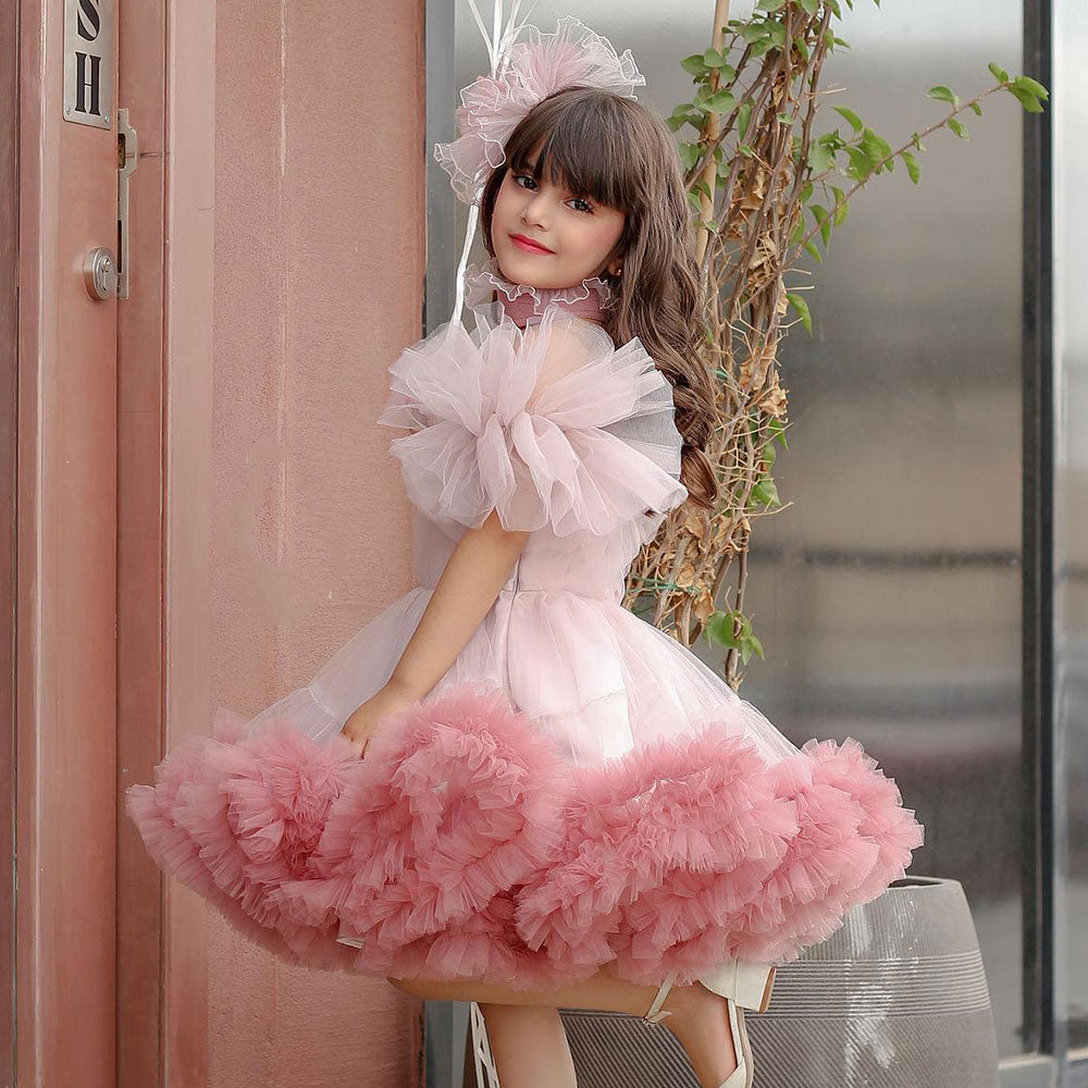 DreamyVow Pink Girl Dress Puff Sleeve for Princess Kids Wedding Birthday Party J066