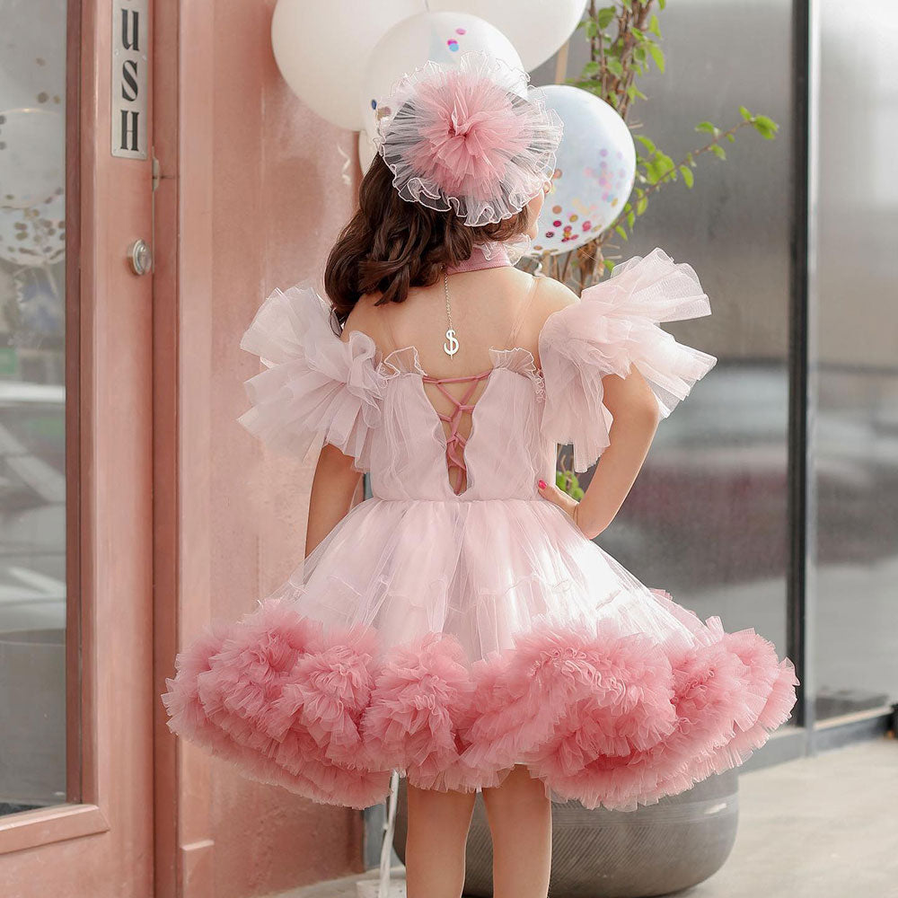 DreamyVow Pink Girl Dress Puff Sleeve for Princess Kids Wedding Birthday Party J066