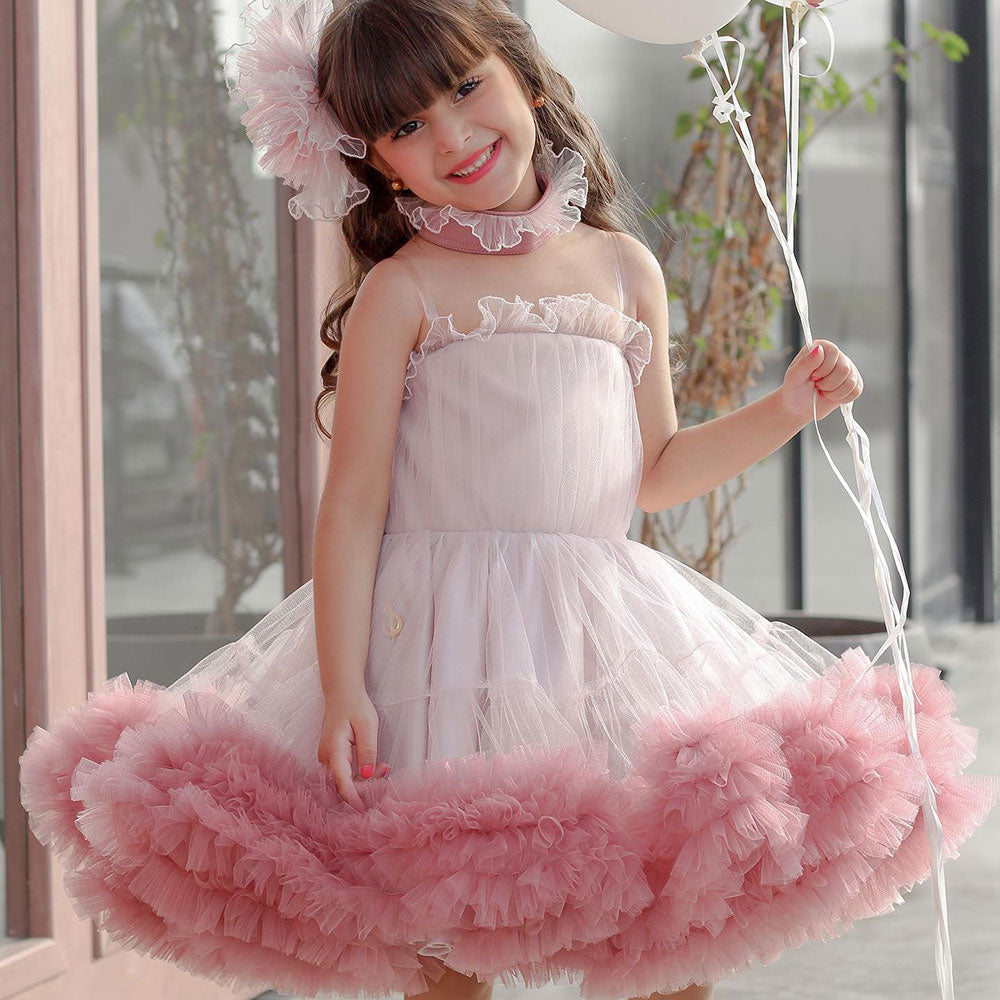 DreamyVow Pink Girl Dress Puff Sleeve for Princess Kids Wedding Birthday Party J066