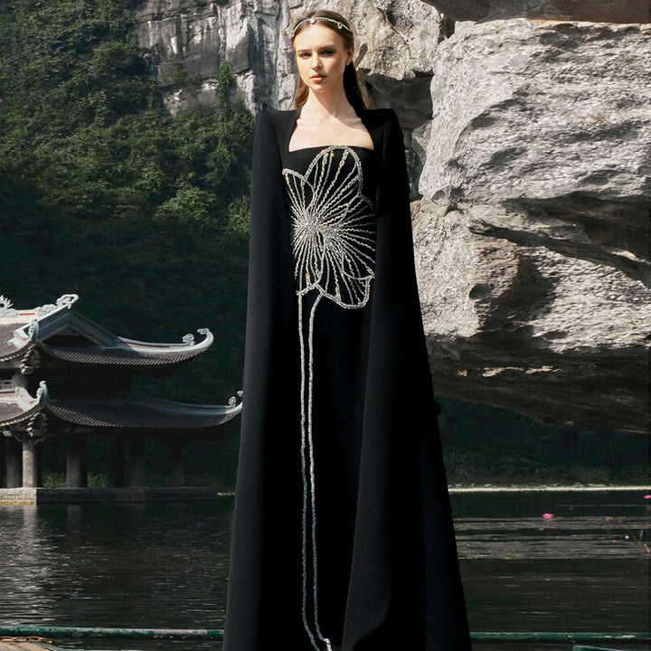 Dreamy Vow Elegant Black Luxury Beaded Arabic Evening Dress with Cape Sleeves Long Dubai Women Wedding Party Gowns SS275