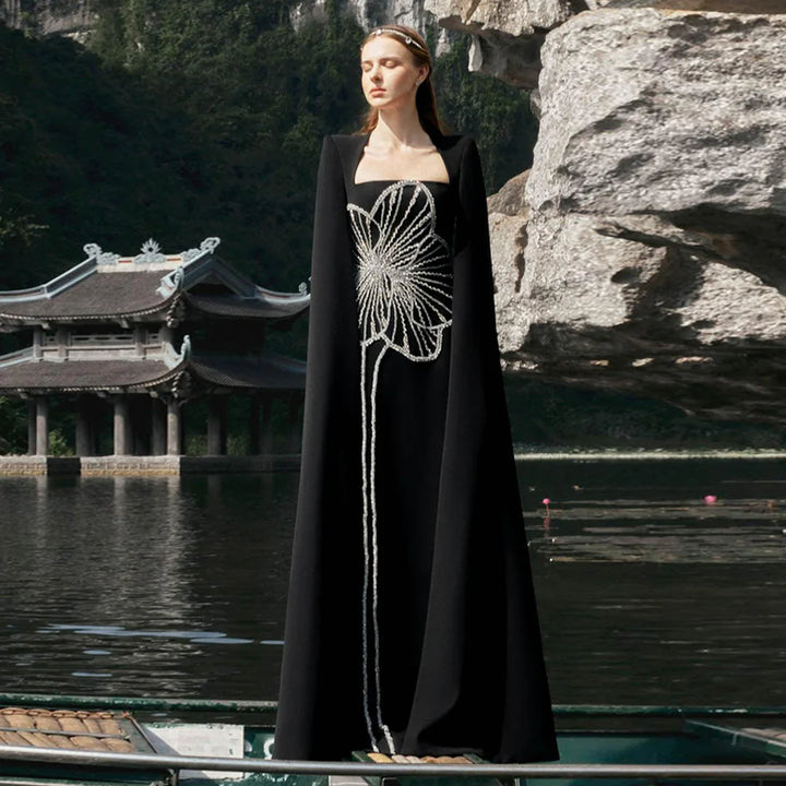 Dreamy Vow Elegant Black Luxury Beaded Arabic Evening Dress with Cape Sleeves Long Dubai Women Wedding Party Gowns SS275