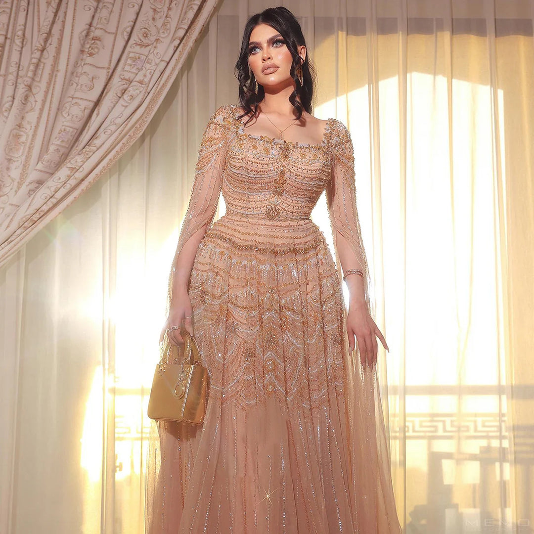 Luxury Beaded Caramel Evening Dress with Cape Sleeve SS591