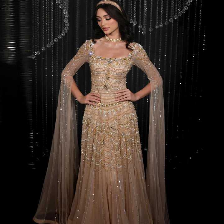 Luxury Beaded Caramel Evening Dress with Cape Sleeve SS591