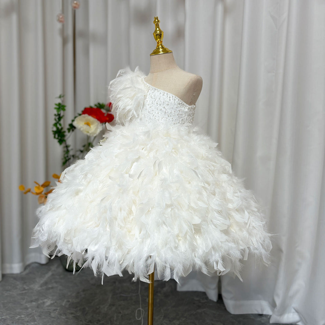 DreamyVow Luxury Arabic White Girl Dress Feathers Princess J394