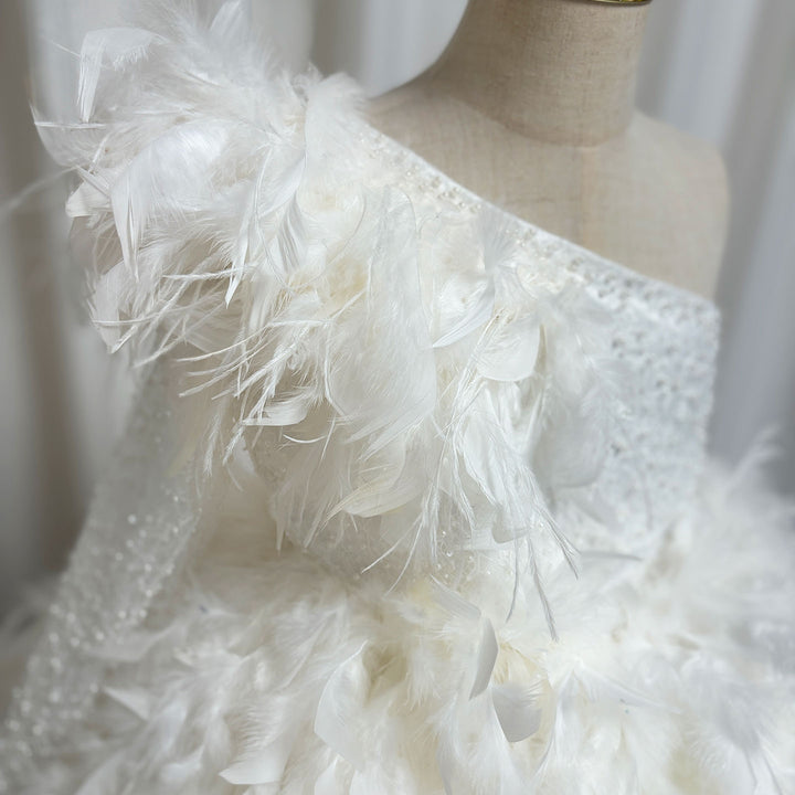 DreamyVow Luxury Arabic White Girl Dress Feathers Princess J394