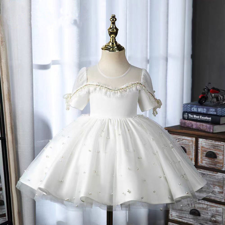 DreamyVow Elegant White Beaded Birthday Girl Dress with Pearls J340