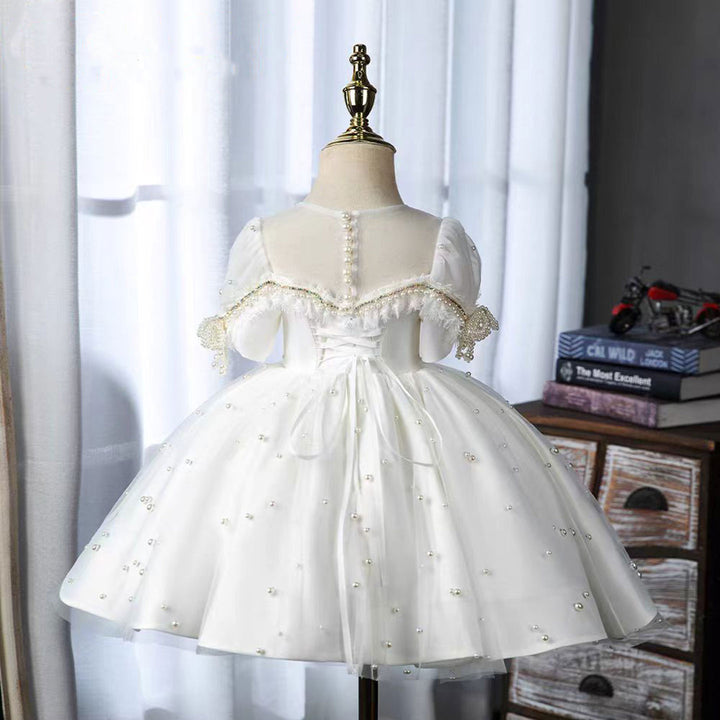 DreamyVow Elegant White Beaded Birthday Girl Dress with Pearls J340