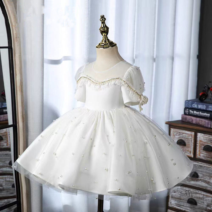 DreamyVow Elegant White Beaded Birthday Girl Dress with Pearls J340